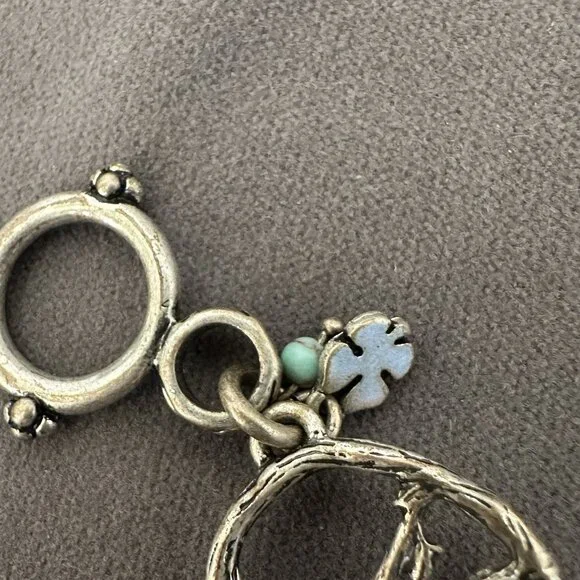 Lucky Brand Peace Symbol Bracelet Toggle Clasp 8" Mixed Metal Twigs & Leaves - Picture 8 of 10